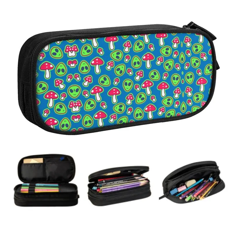 

Cute Aliens And Shrooms UFO Sci Fi Space Pattern Pencil Case for Girls Boys Custom Large Capacity Pen Bag Box Stationery