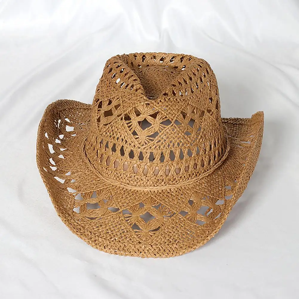 Women Cowboy Hat Unisex Hollow Out Summer Hat Solid Color Curled Edge Strap Jazz Decorative Vintage Braided Straw