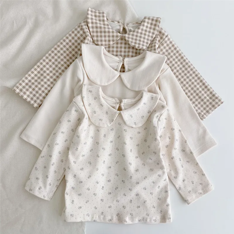 2025 Autumn New Baby Long Sleeve Cotton T Shirts Infant Plaid Floral Cute Girls Tops Kids Versatile Casual Lapel Bottoming Shirt