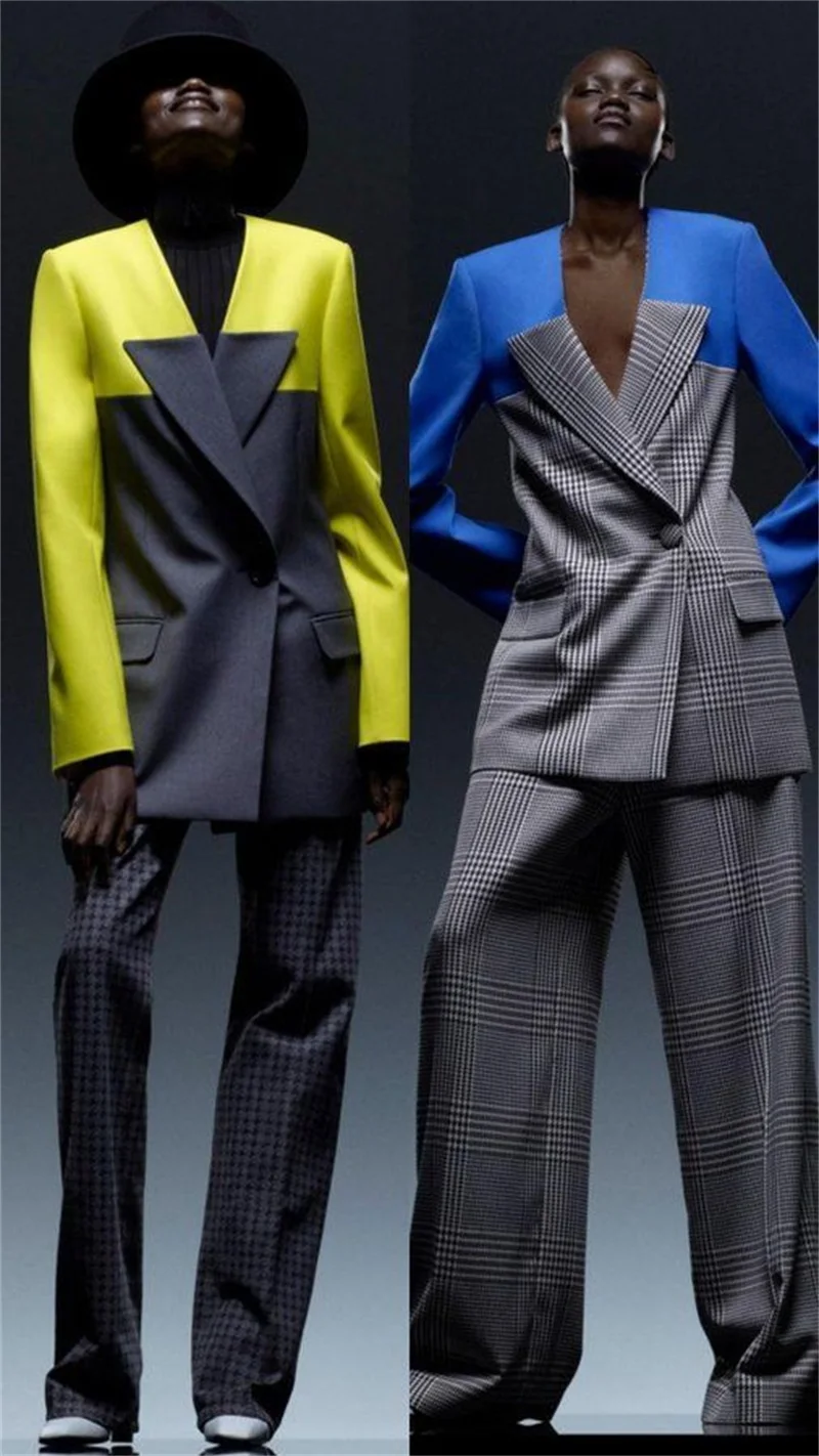 

2 Pieces Plaid Women Suit Set Fashion Stitching Color Blazer+Pants Party Prom Dress Designer Hot Girl Streetwear Custom Made