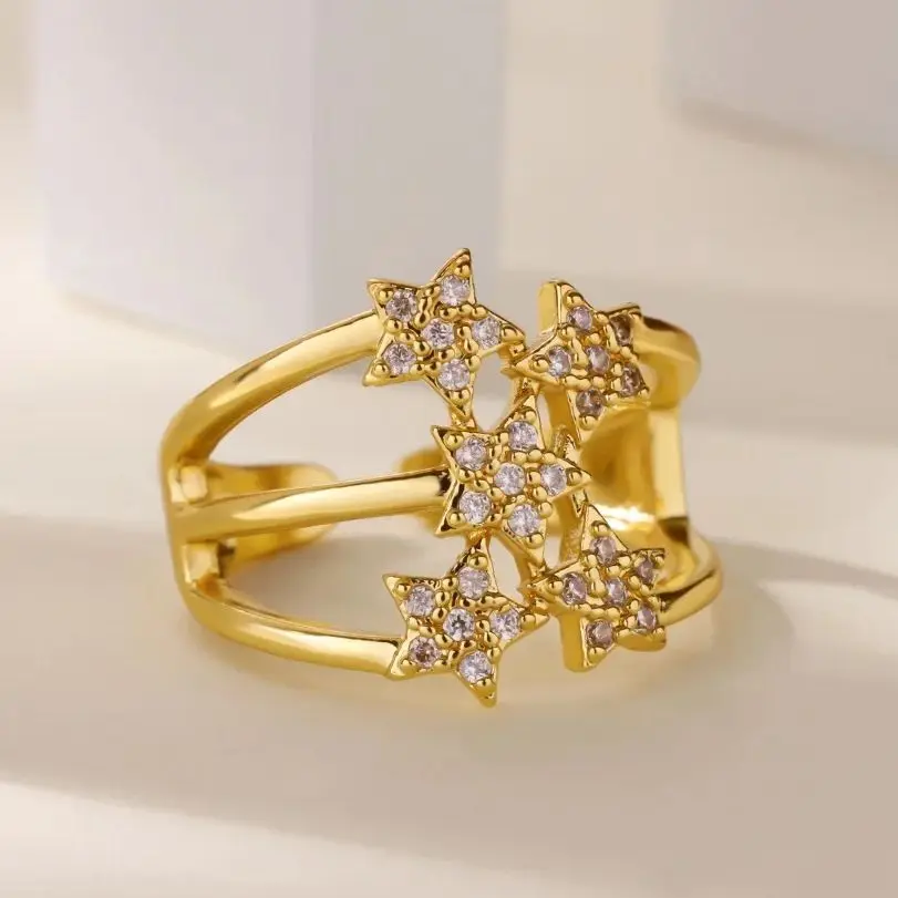 Luxury Zircon Stars Rings 18K Gold Plated Metal Crystal Star Adjustable Ring