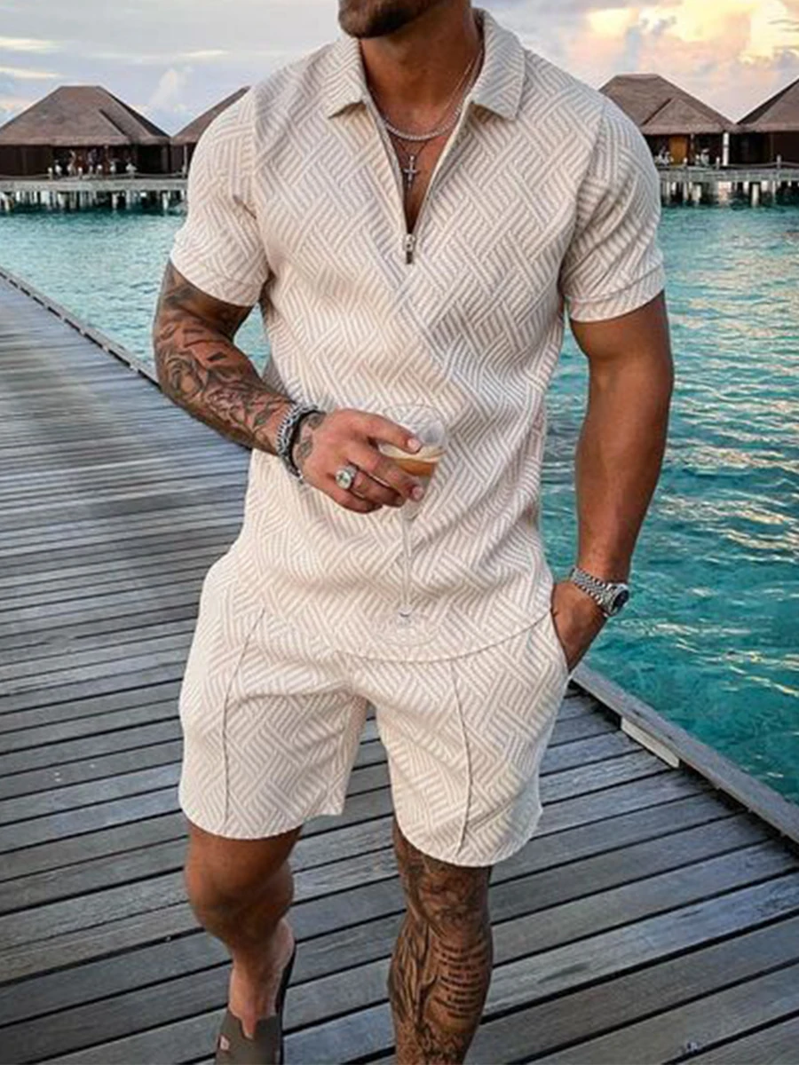 Men's Tracksuit Cotton Solid Color Short Sleeve Zipper Polo Shirt&Shorts Set for Men Casual Streetwear 2-piece Suit 2023 Summer