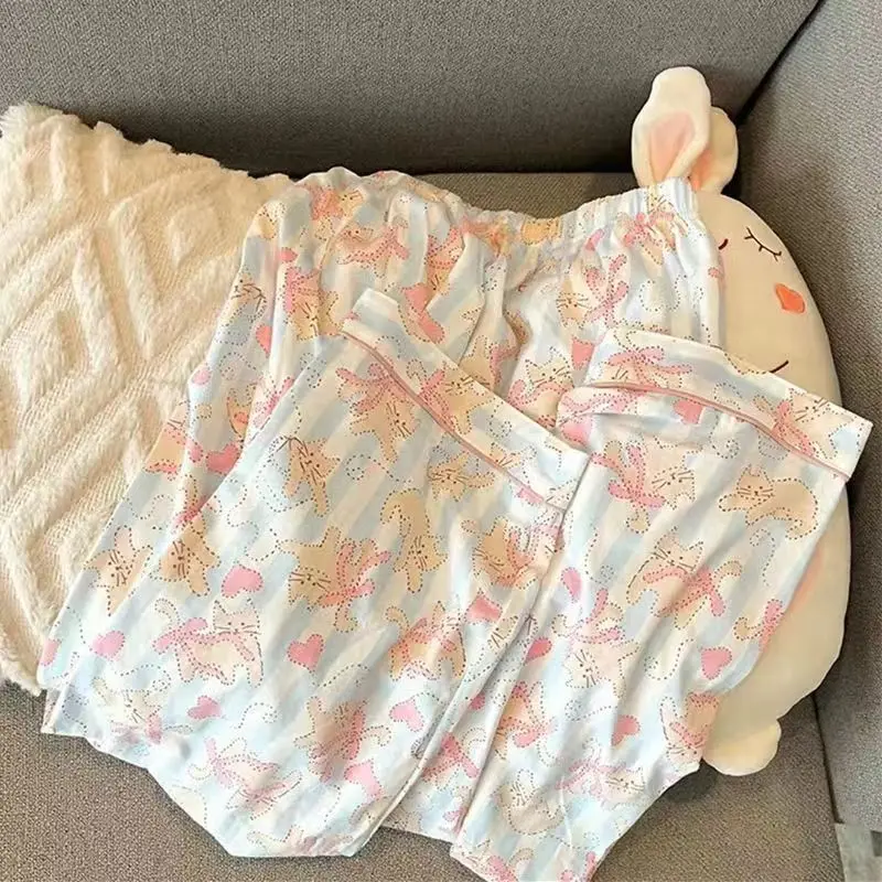 Pink Cat Stripe Women Pajamas Leisure Homewear Cartoon Sleepwear for Girls 3 Pieces Pijama Set Party Pyjama Kawaii Nightgowns