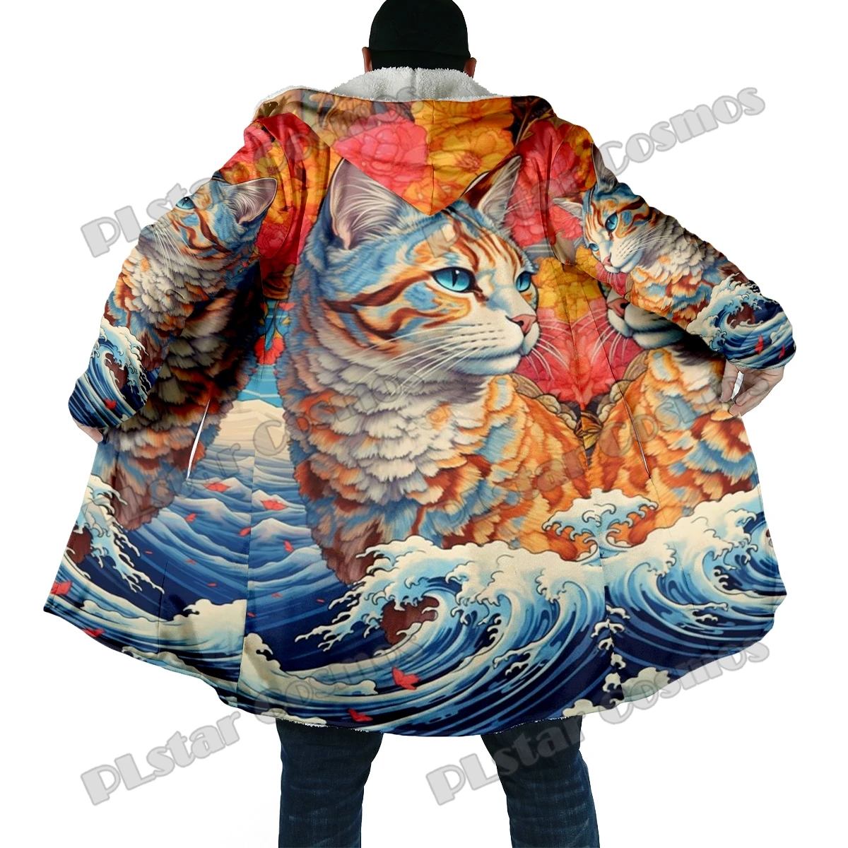 Winter Fashion Men's cloak Animal Cat Retro Pattern 3D Printed Thick Fleece Hooded Cloak Unisex Casual Warm Cape Coat DP70