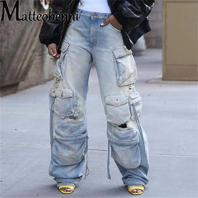 Vintage Spliced Multi-pockets Jeans Women's Trend Broken Holes Denim Pencil Female New Casual Strap Decoration Straight Trousers women s micro flared denim pants trend raw hem decoration tassel jeans female fashion new casual stretch commuter blue trousers