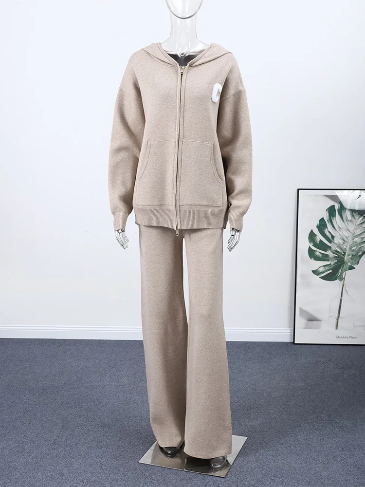 Knitted Women's Pant Sets Hooded Long Sleeve Dropped Shoulder Zipper Female Jacket Solid Elastic Waist Straight Pants For Ladies