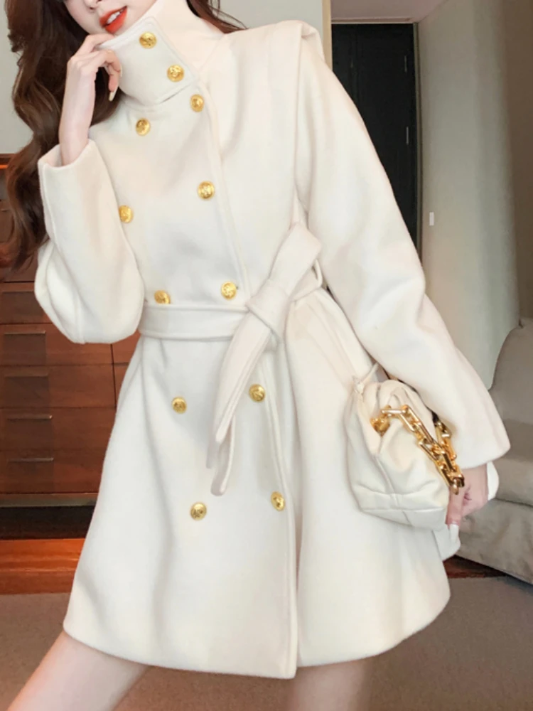 

FTLZZ Autumn Winter Women Stand Collar Double Breasted Sash Tie Up Midi Wool Coat Office Lady Solid Woolen Outwear