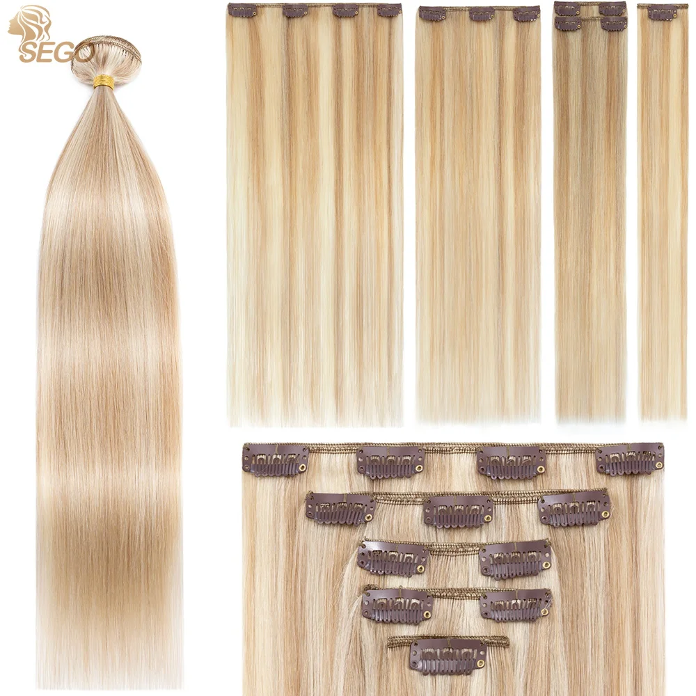 SEGO 스트레이트 클립 인 헤어 익스텐션, 자연스러운 실제 인간 헤어 피스, 여성용 클립 인 헤어 익스텐션, 65 -75g, 5 개