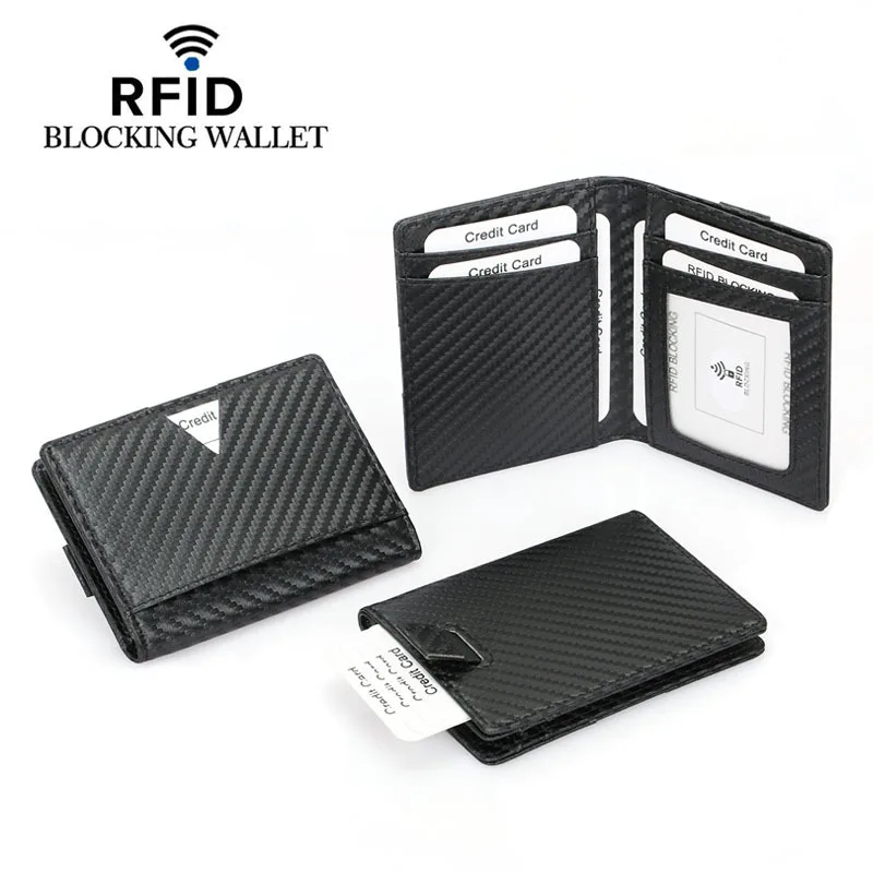 

New Rfid Card Bag Carbon Fiber Stripe Pull Type Multifunctional Certificate Card Cover Men's Short Striped Business ID Holders