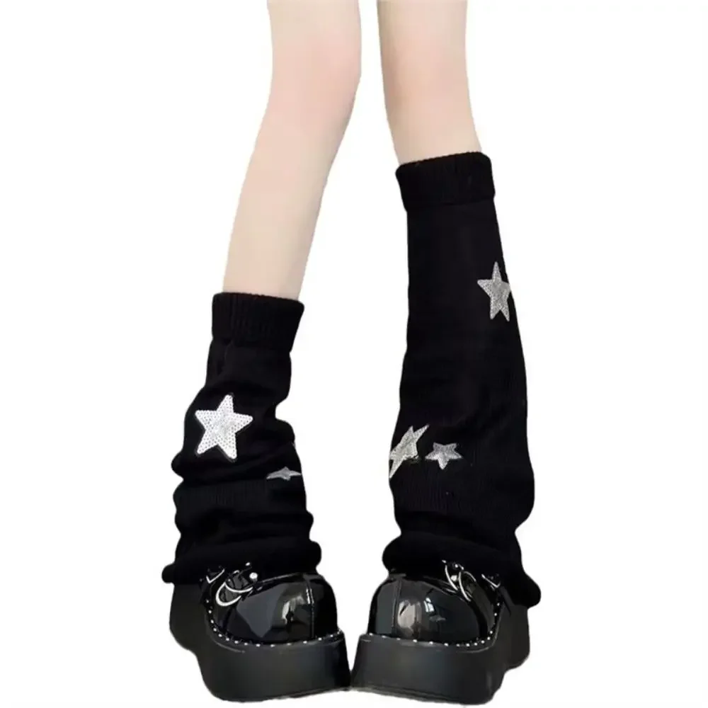 Star Knitted Leg Warmers Black White Grey Winter Warm Cotton Thigh High Stockings Elastic Warm Thigh Knitted Boot Stockings