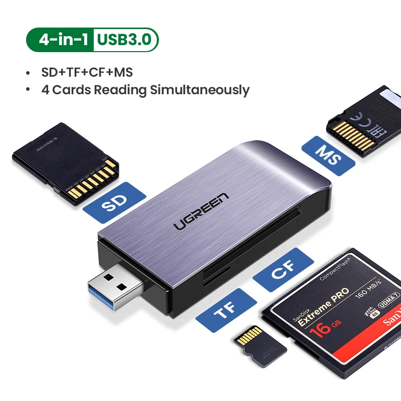 Lecteur De Cartes Mémoire USB 3.0 UGREEN - 4 En 1 (SD, Micro SD, MS, CF), Compatible PC, Mac, PS5, Xbox - 7