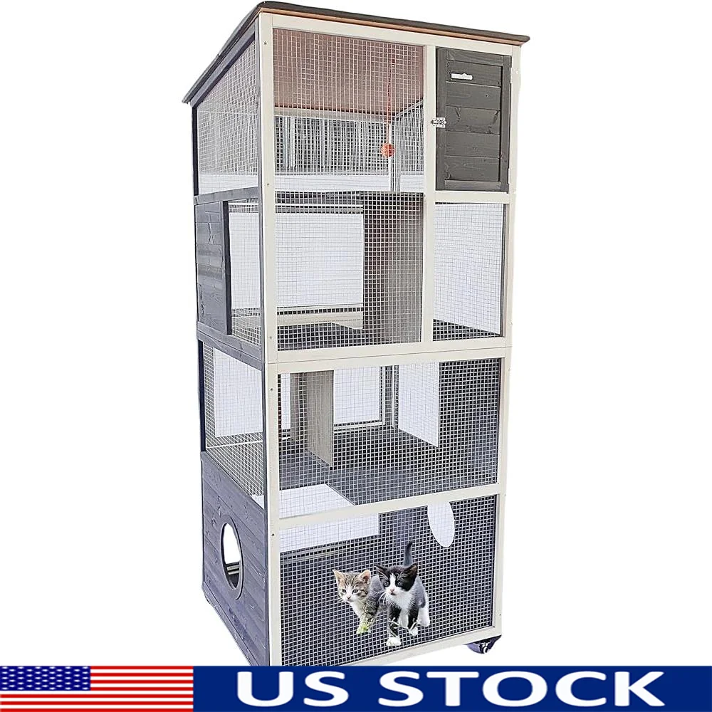 Large Wooden Cat Cage 4 Tier Outdoor Indoor House with Wheels Waterproof Roof Sisal Scratching Features