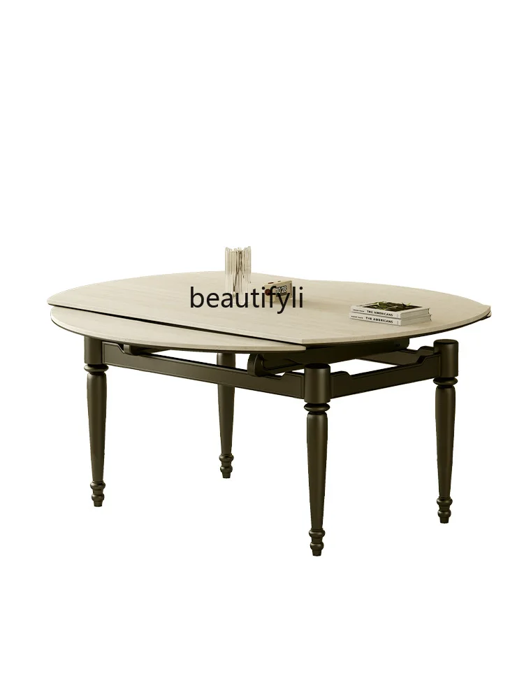 

French Retro Solid Wood Retractable Folding Stone Plate Dining Tables Mid-Ancient Cave Stone Dining Table Square Round Table