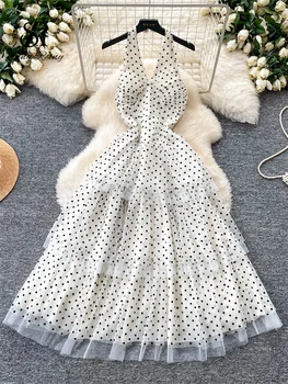 SINGREINY Polka Dot Vintage Dress Summer French Halter Backless A-line Stretchy Slim Ladies Mesh Romantic Party Cack Long Dress 1