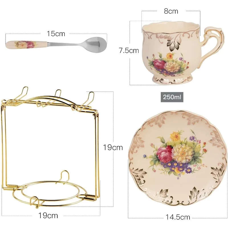 Flowering Shrubs Tea Cups and Saucers Set of 6, Tea Set, Ivory Ceramic Floral Cups Set with Golden Rack, Coffee Set,