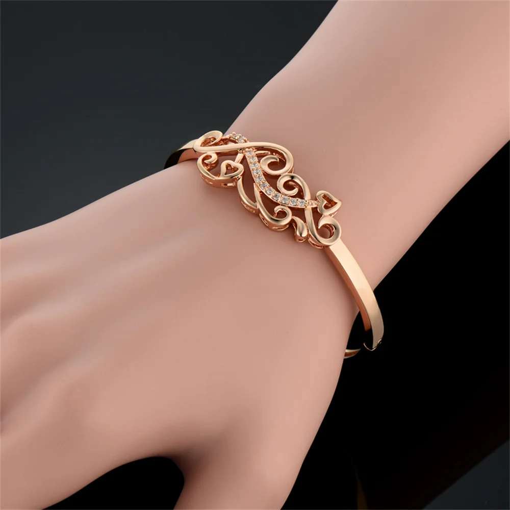 Rose Gold Color Flower Heart Design Bangles for Women Girls Trend Jewelry Luxury Zircon Bracelet Bangle 4