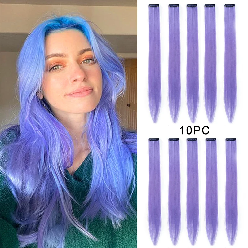 10 PCS Colored Clip in Hair Extensions 22Inch Rainbow Hair Extensions Party Highlights Synthetic Hairpieces for Kids Girls Gift