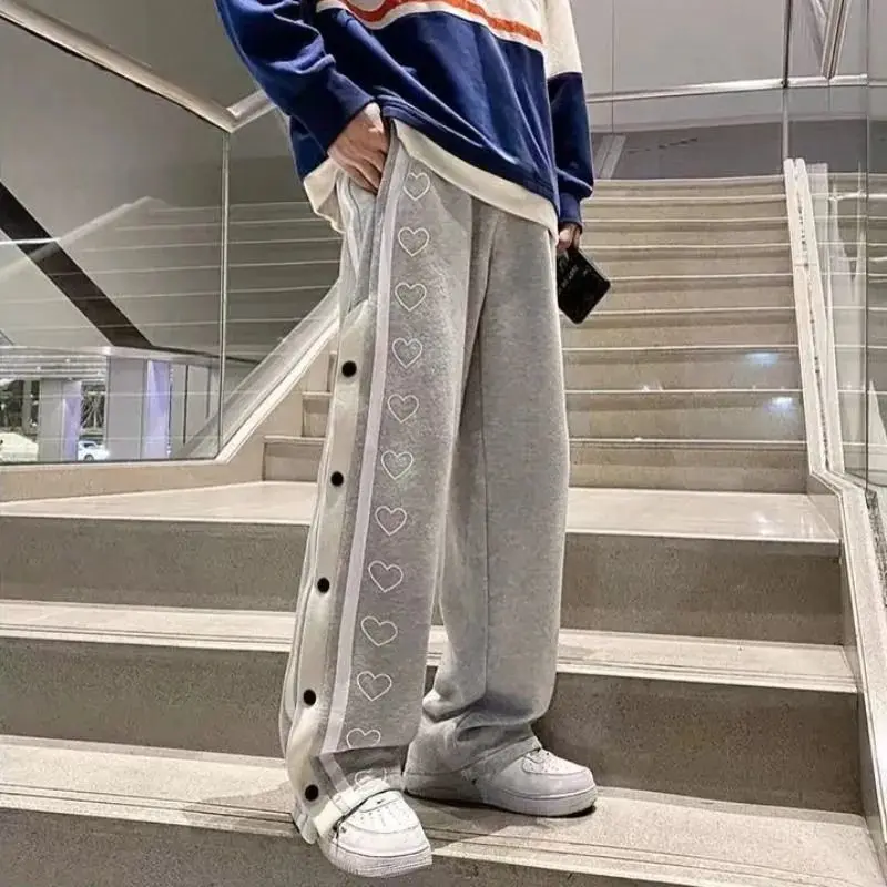 Autumn Winter Streetwear Harajuku Y2K Wide Leg Pants Male Loose Casual Buttons Sweatpants Men's Fashion Printing Trousers Hombre