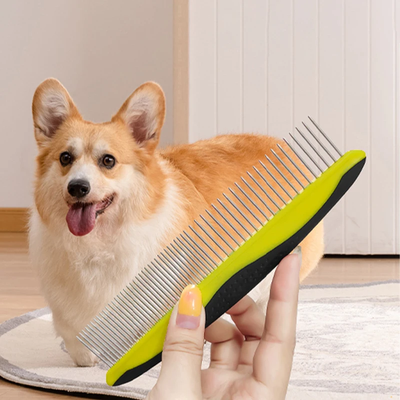 벼룩 빗 개 고양이 털 제거 브러시, 스테인레스 스틸, 고밀도 직선 줄 빗, 휴대용 애완 동물 범용 그루밍 청소 용품