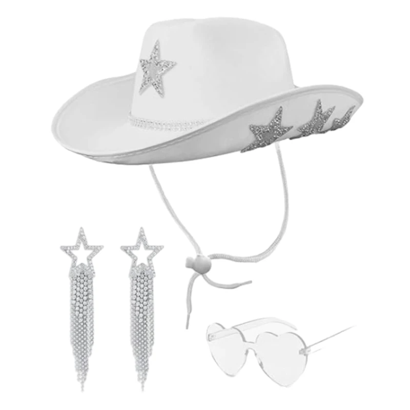 

Rhinestones Cowboy Hat Earrings Heart Sunglasses for Bachelorette Party Knight Hat Versatile for Club Stage Bar