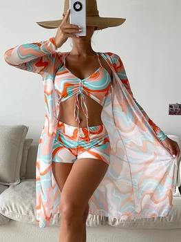 Lue's House High Waist Bikinis Sexy 3 Piece Bikini Set Cover Up Swimsuit for Women Long Sleeve Push Up Swimwear Beach Wear Bathing Suit