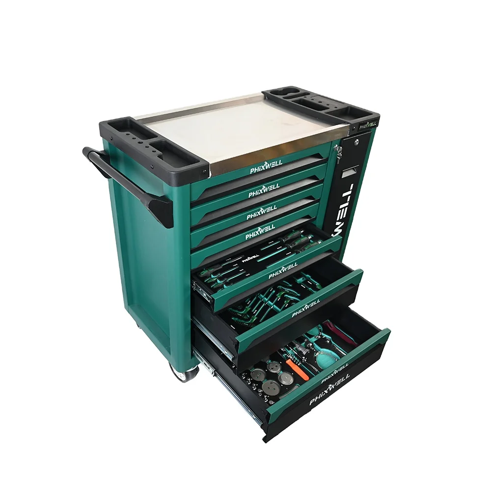 

FHIXWELL 7 Drawers Workshop Garage Tool Box Roller Cabinet Steel Metal Trolley Cart Tool Cabinet with tool kits