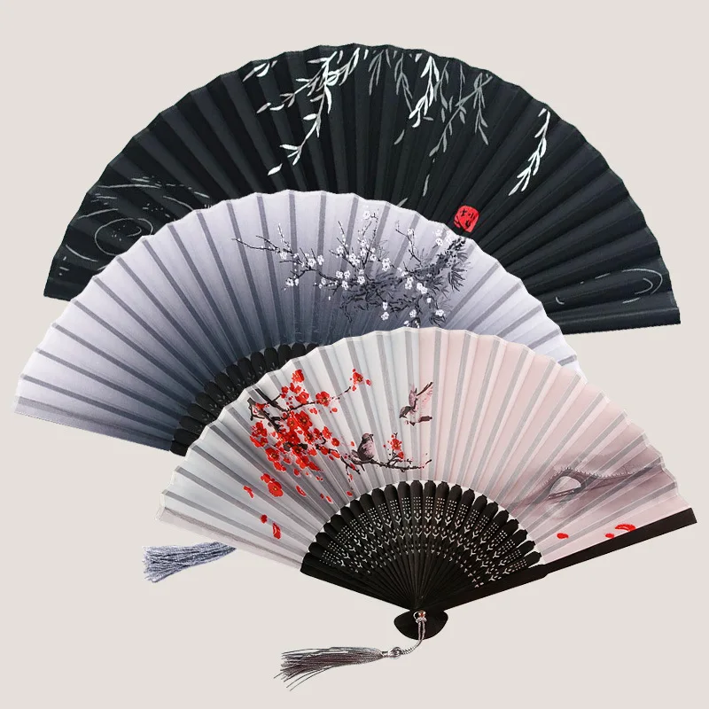 

Chinese Japanese Silk Folding Fan Wooden Shank Classical Dance Fan High Quality Tassel Elegent Female Fan Home Decoration