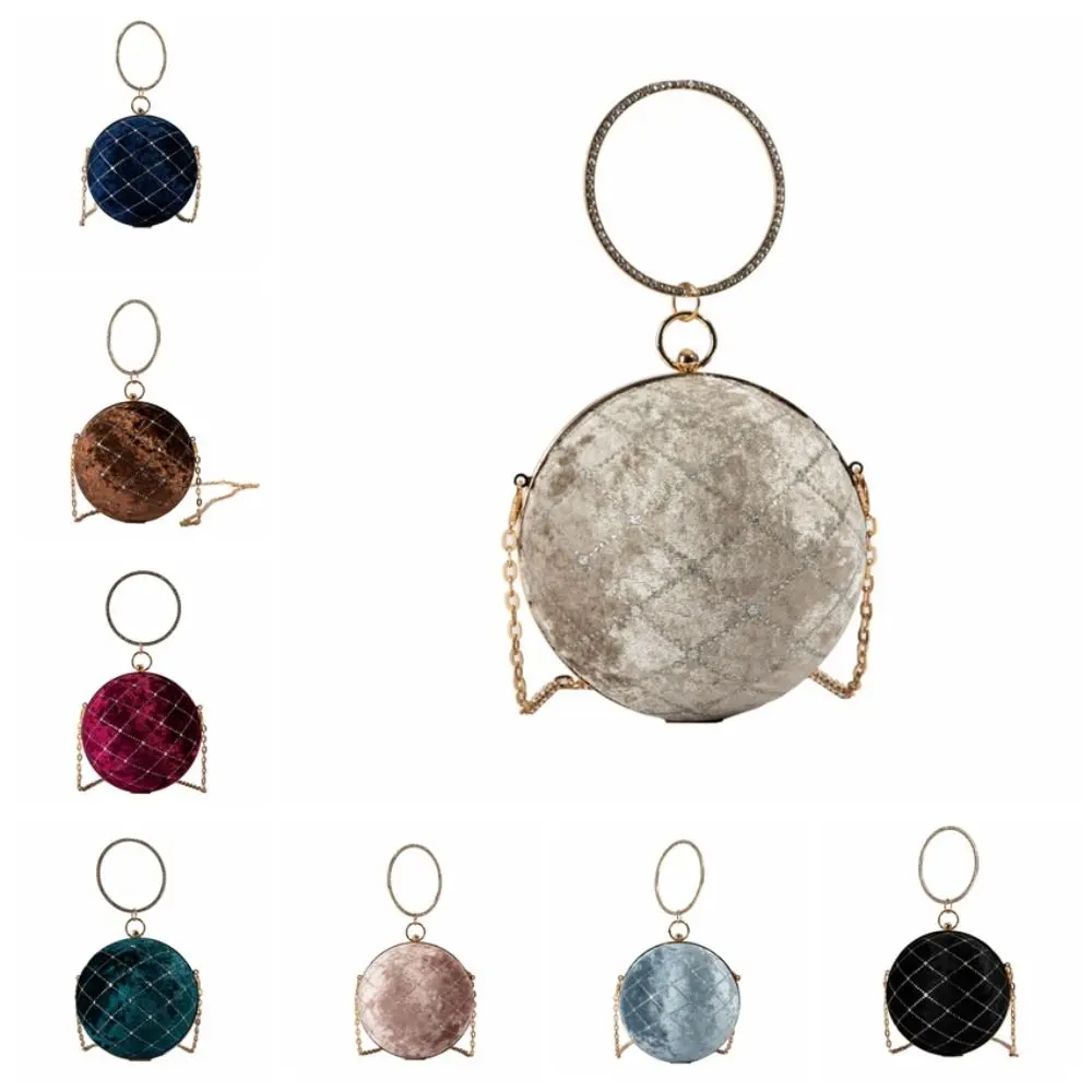 

New Classic Round Banquet Clutch Rhinestone Velvet Ball Shape Handbag Chain Shoulder Bag for Women Luxury Wrist Bag