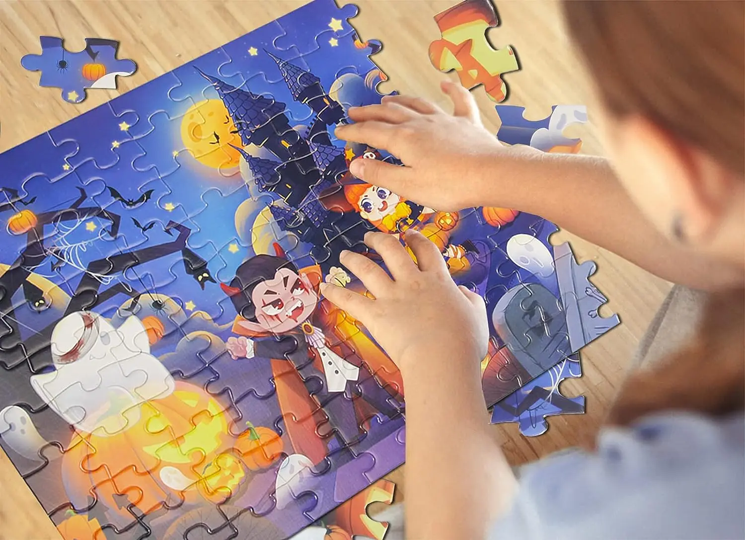 Puzzle 100 Pezzi Halloween Gatto - Per Bambini E Adulti, 45x35 Cm, Con Poster E Sacchetto Regalo
