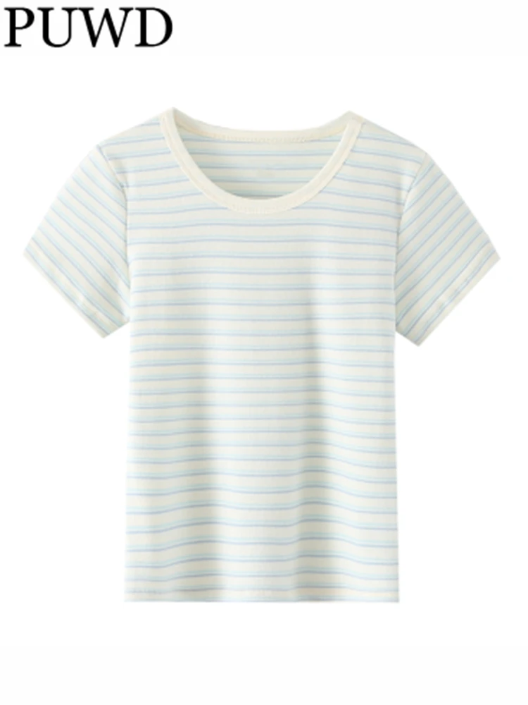 

PUWD Women Fashion Soft Cotton Blue Striped Short Tees 2023 Summer Vintage O Neck Short Sleeves Female Chic Tops