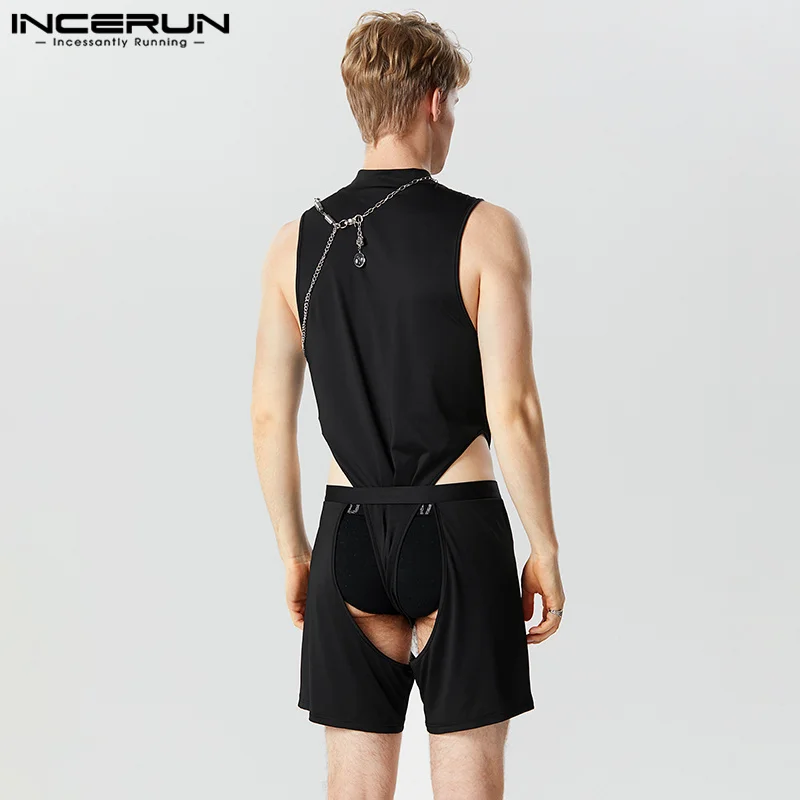 INCERUN 2023 Men Irregular Bodysuits Solid Hollow Out Sexy Rompers Shorts O-neck  Sleeveless Male Tank Tops Bodysuit S-5XL S-5XL