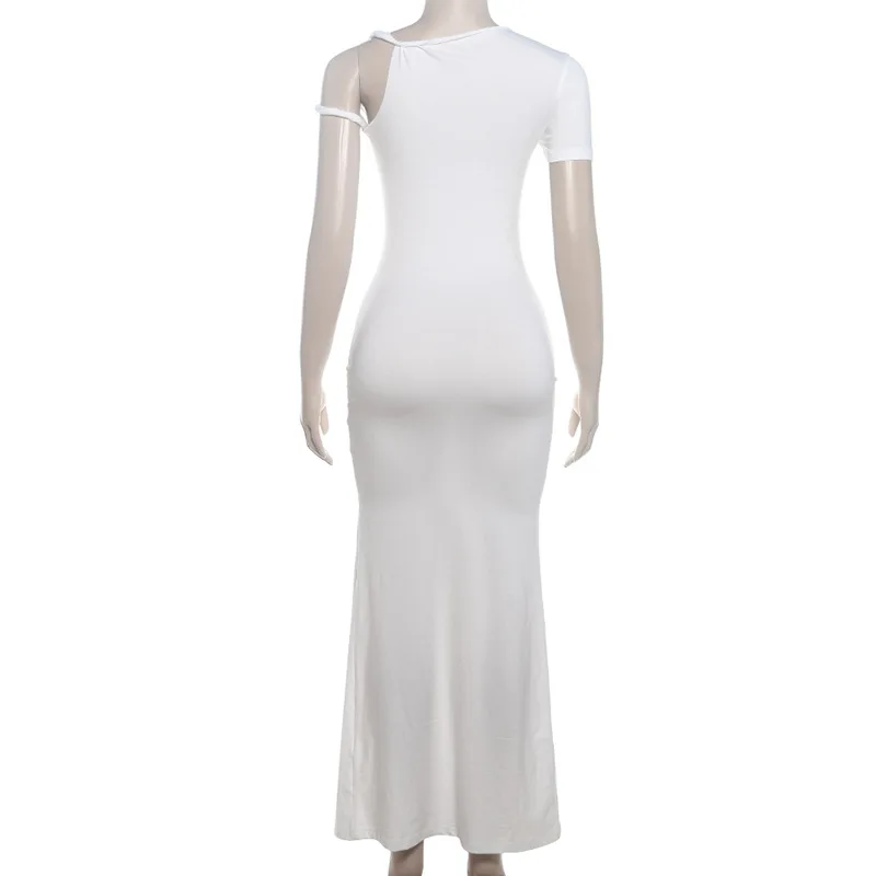 Vestidos sexis de verano para mujer, de color liso, irregulares, con cuello oblicuo, manga corta, ajustados, largos, para fiesta de noche Y2K.