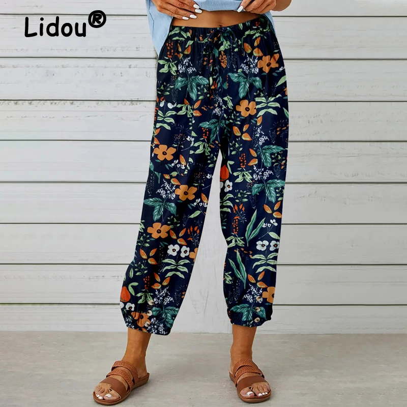 Women Clothes Retro Boho Print Cotton Linen Ankle Length Harem Pants Y2K Summer Casual High Waist Drawstring Trousers Pantalones women retro harajuku y2k lace embroidered cotton linen ankle length pants summer fashion loose elastic waist trousers pantalones