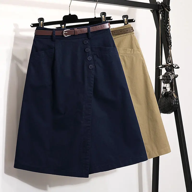 Mid-length navy blue slim skirt women's summer 2022 Korean  high waist pocket  casual culottes mid skirt  Mid-Calf  Solid
