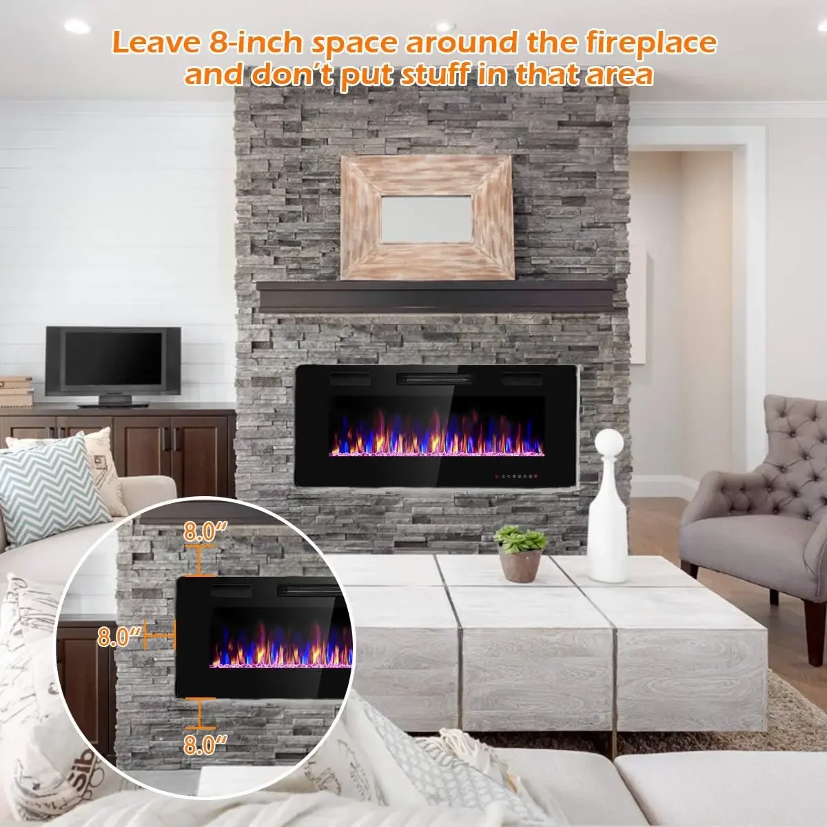 Tangkula-Recessed Fireplace, In-Wall and Wall Mounted Heater, Adjustable Flame Color Speed, 42 in