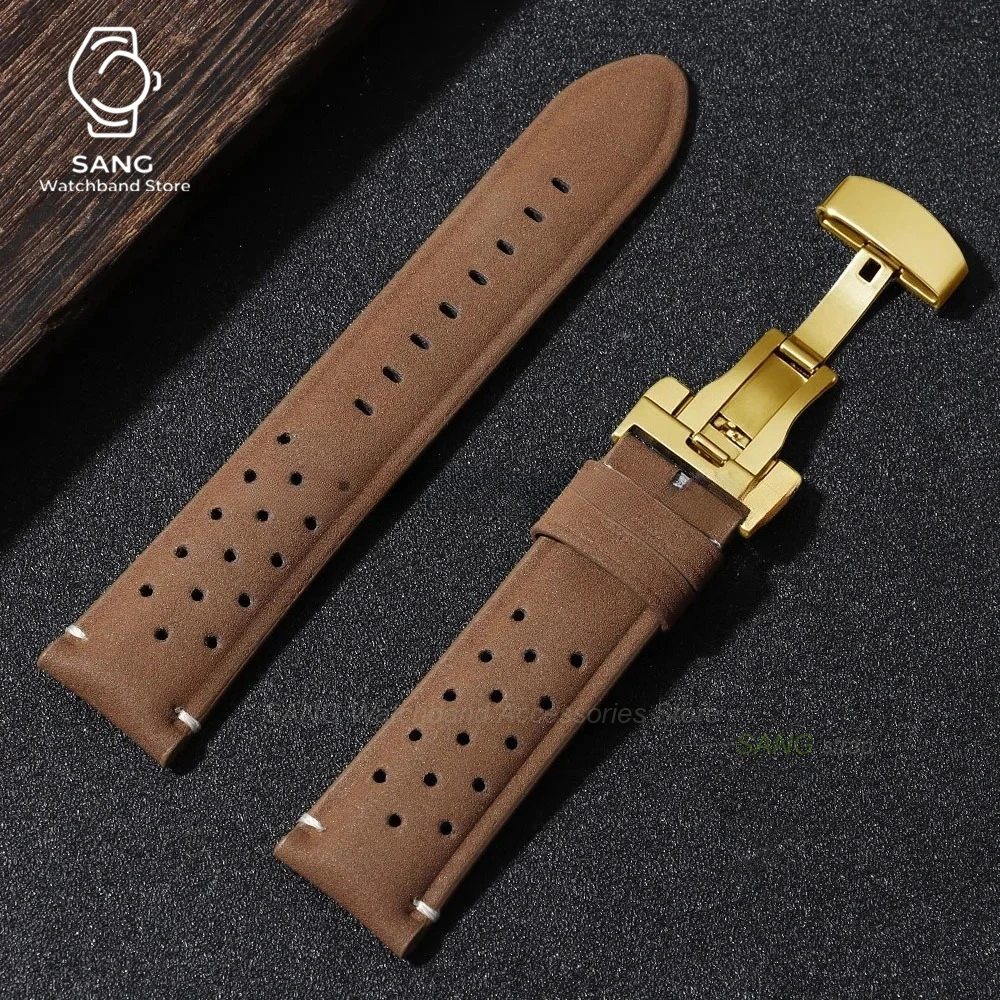 Vintage Brown Leather Strap with Butterfly Buckle - Breathable Business Watch Band Bracelet in Matte Finish