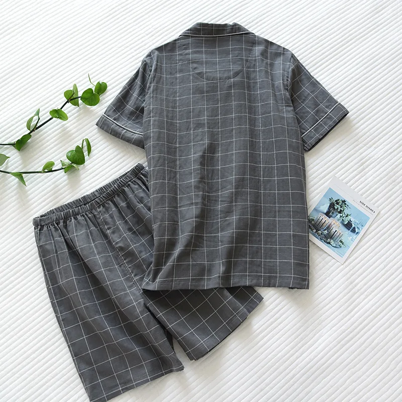 Summer men's pajamas two-piece cotton gauze short-sleeved shorts simple plaid loose casual breathable home service suit