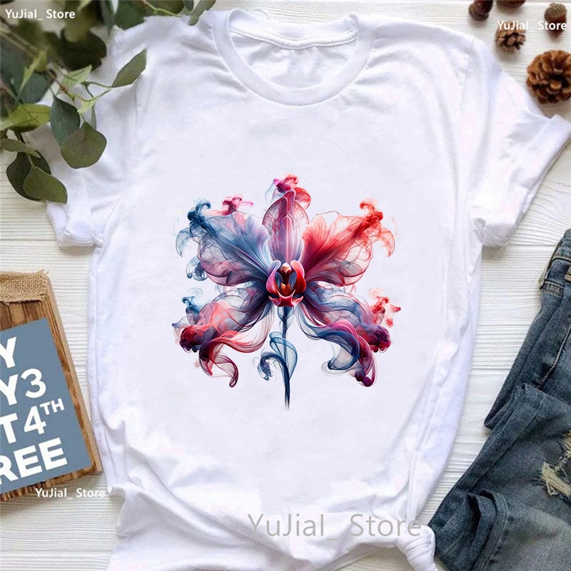 Rauch Blume gedruckt T-Shirt T-Shirt Damen bekleidung bunte Schmetterling T-Shirt Femme Sommer Mode Kurzarm T-Shirt – Detail 8