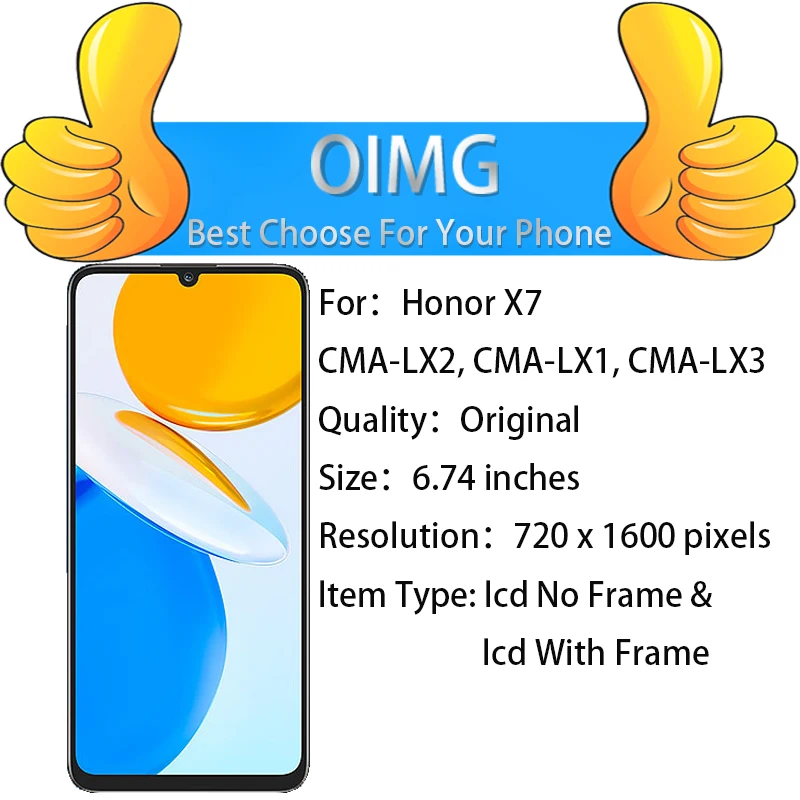 Display LCD originale Honor X7 da 6.74 ''con digitalizzatore pannello Touch Screen Frame CMA-LX2, CMA-LX1, CMA-LX3