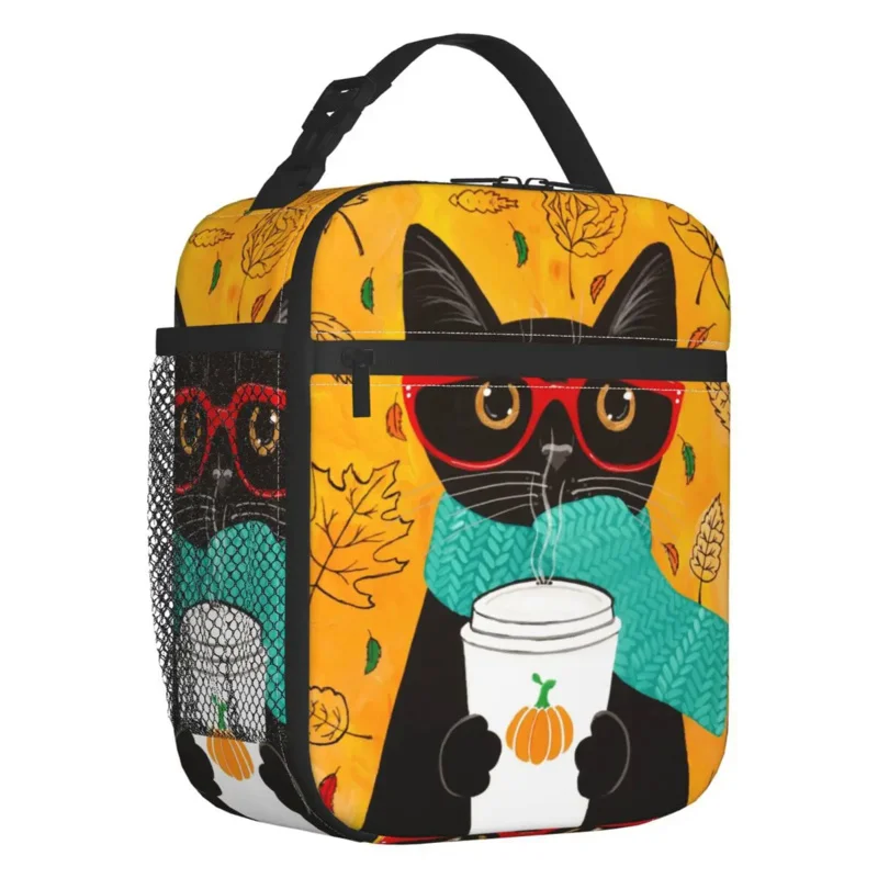 

Black Cat Insulated Bag for Women Leakproof Autumn Pumpkin Coffee Thermal Cooler Lunch Box Office Work School