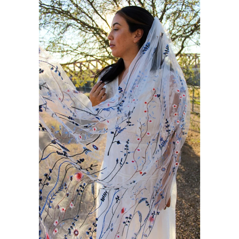 Blue Red Bridal Wedding Veils Floral with Comb Wild Flowers Lace Secret Garden for Brides Colorful Fingertip