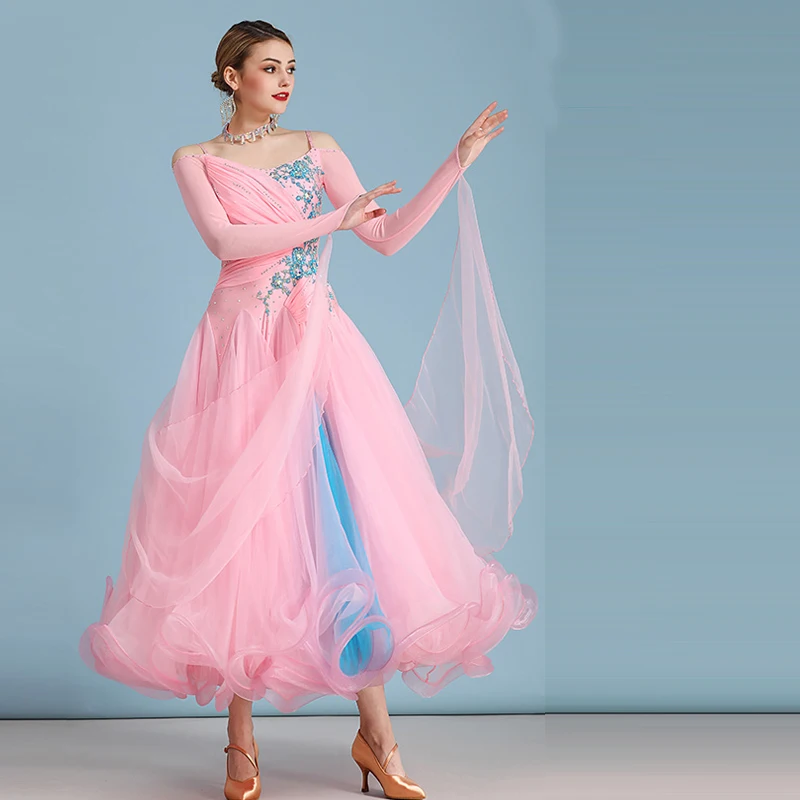 Standard Ballroom Dance Dresses High Quality Pink Long Sleeve Flamenco Dancing Skirt Women Cheap Stage Waltz Ballroom Dress