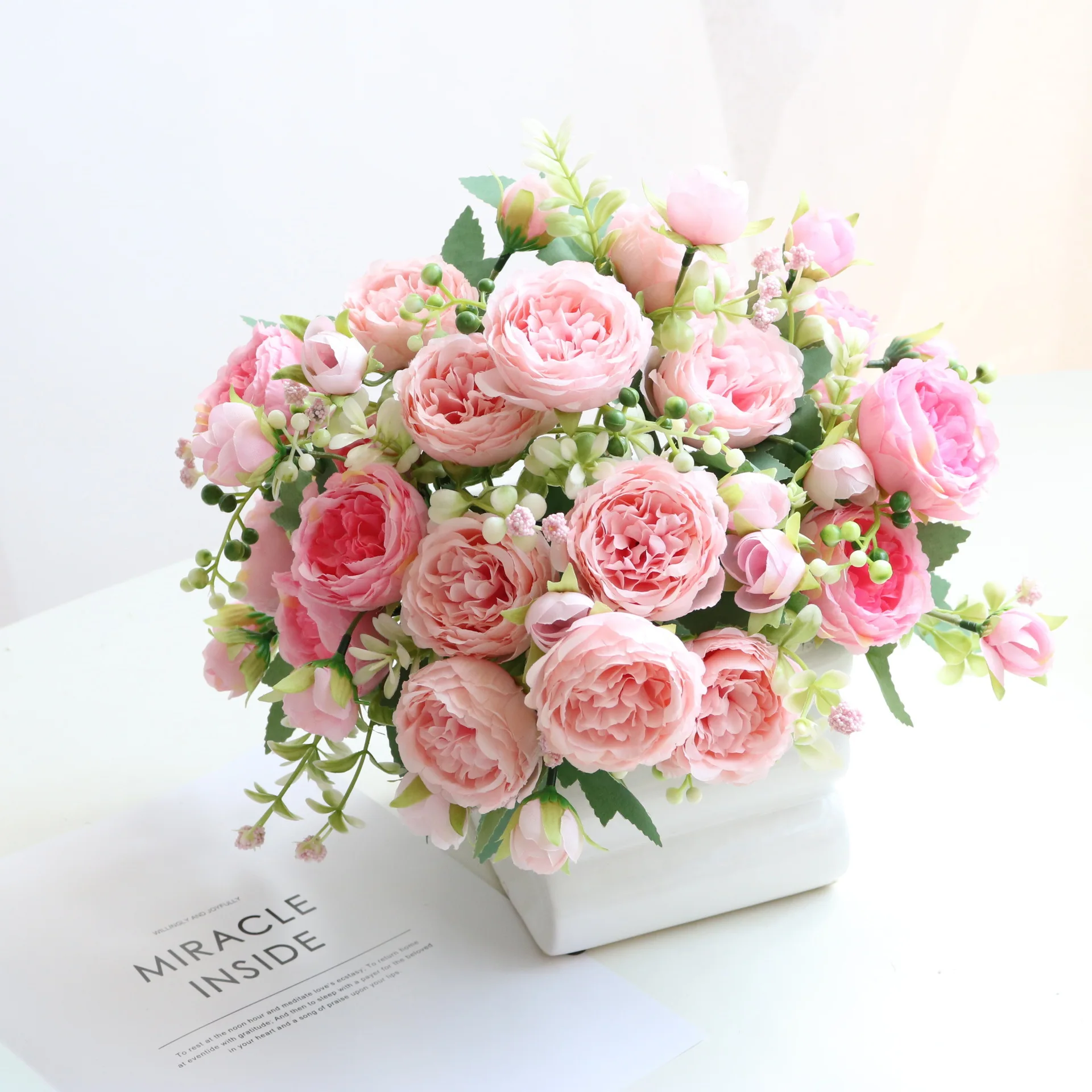 

32cm Rose Pink Silk Peony Artificial Flowers Bouquet 5 Big Head and 4 Bud Cheap Fake Flowers for Home Wedding Decoration indoor