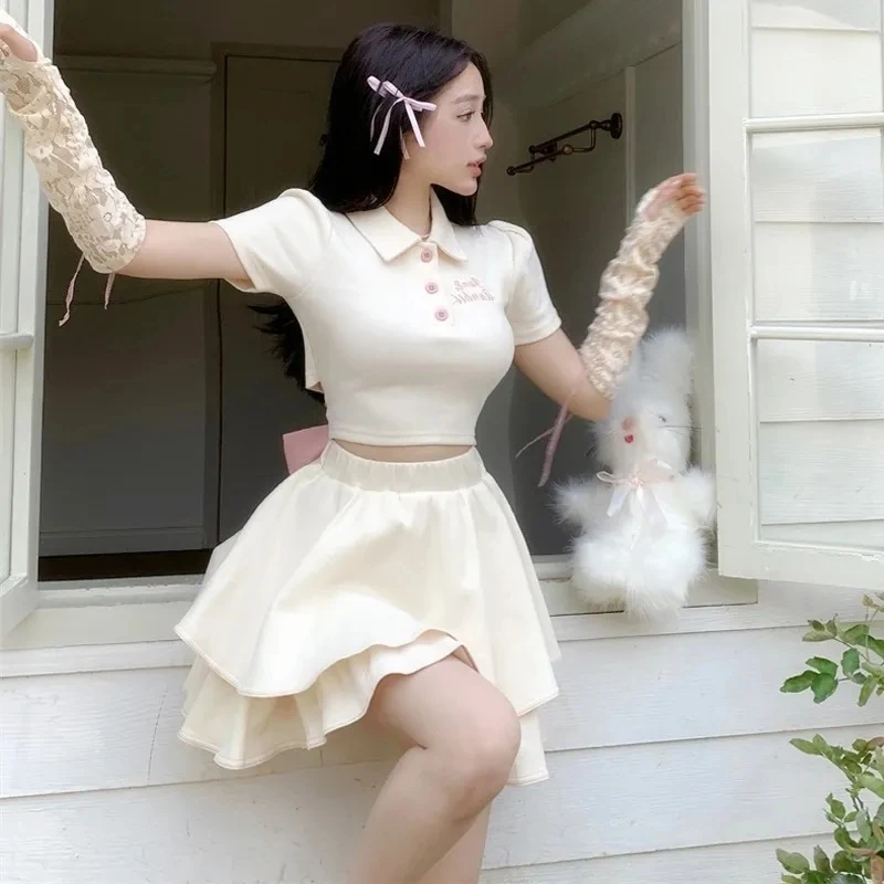 

Kawaii Two Piece Set Fashion Cupcake Skirt Womens Set Y2k POLO Collar Bow Tie Crop Top T-Shirt Female Summer Mini Skirt Woman