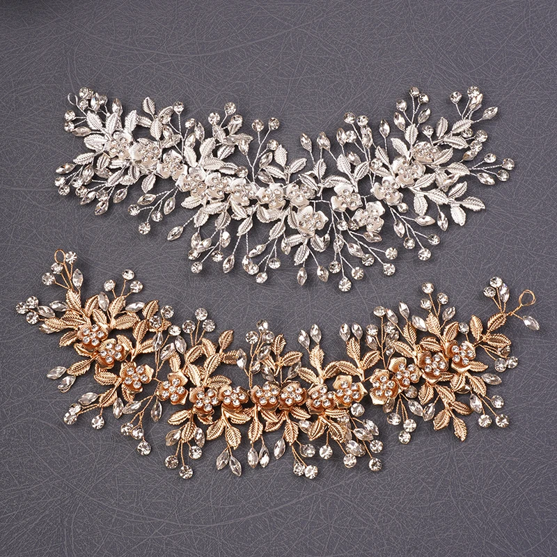Silver Gold Flower Leaf Bridal Headpieces Wedding Rhinestones Headband Bride Hair Pieces Crystal Flower Girl Hair Accessories