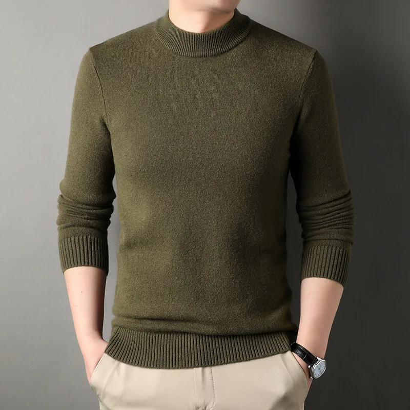 100% Pure Wool Sweater for Men Thickened Half-High Collar Commuter's All-Matching Base Cardigan Men