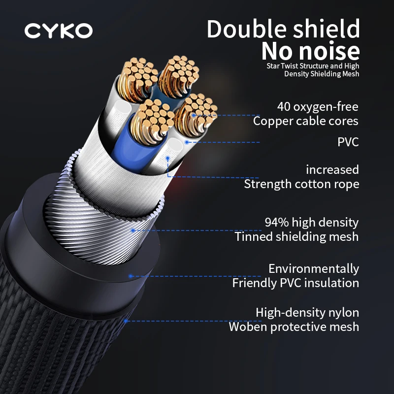 Cabo de Áudio Cyko-rca para Amplificador Hifi 6n Ofc 2rca para 2rca Estéreo Plugue Banhado a Ouro Macho para Macho Amplificador tv Box Par - Image 2