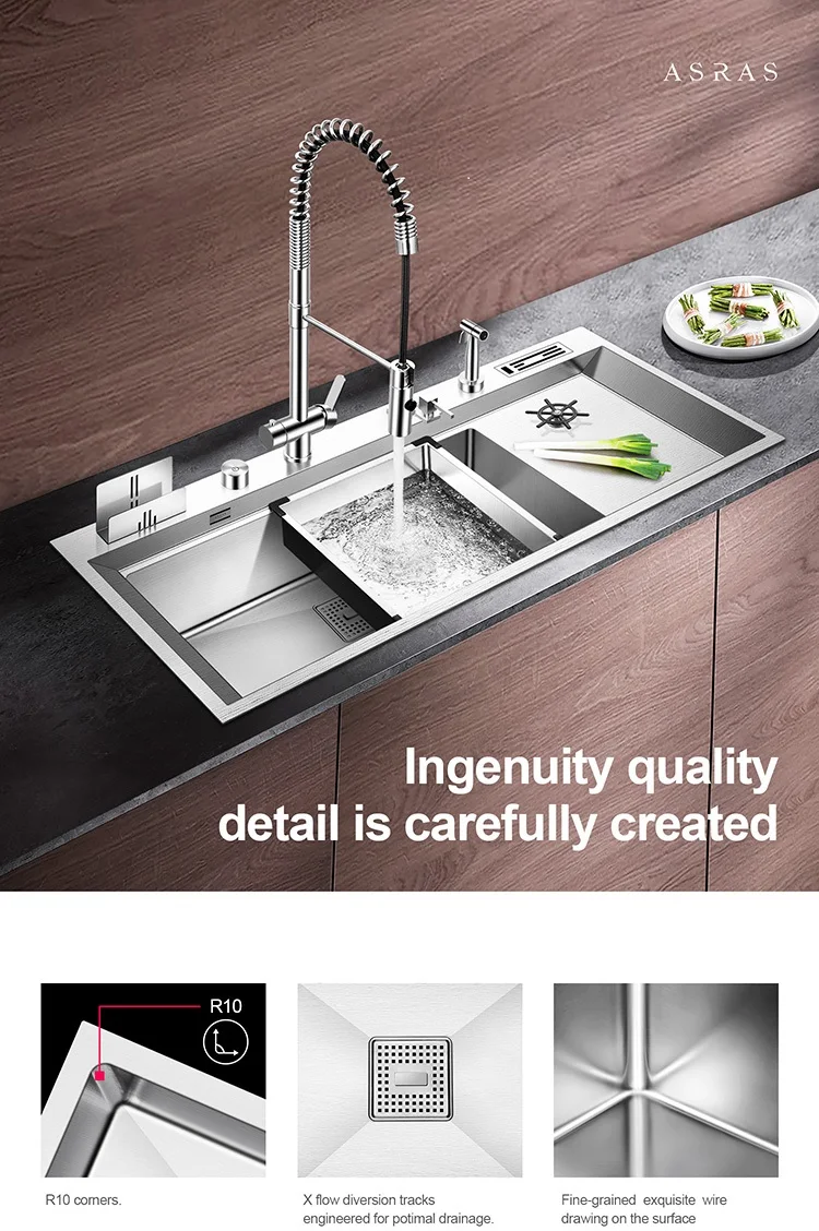 Asras 9045L Stainless Steel Handmade Kitchen Sink Set Large Double Sinks  With Multi-Function Faucet Intelligent Control &Drainer