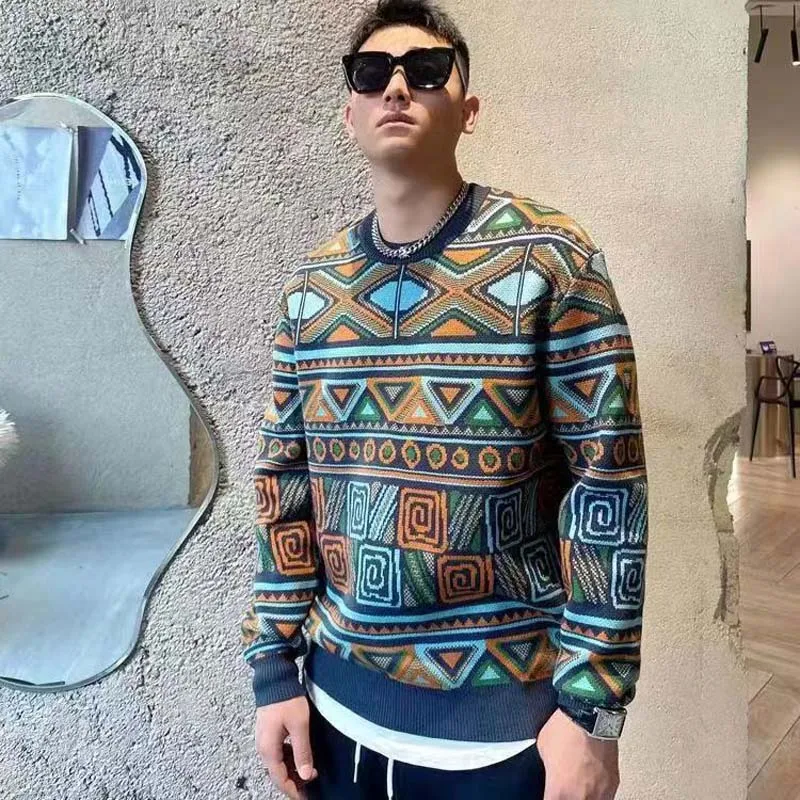 European Station Personality High-end Geometric Pattern Sweater 2022 Boys' Sweater Panels Slim Knit Men's Fashion Brand Crewneck