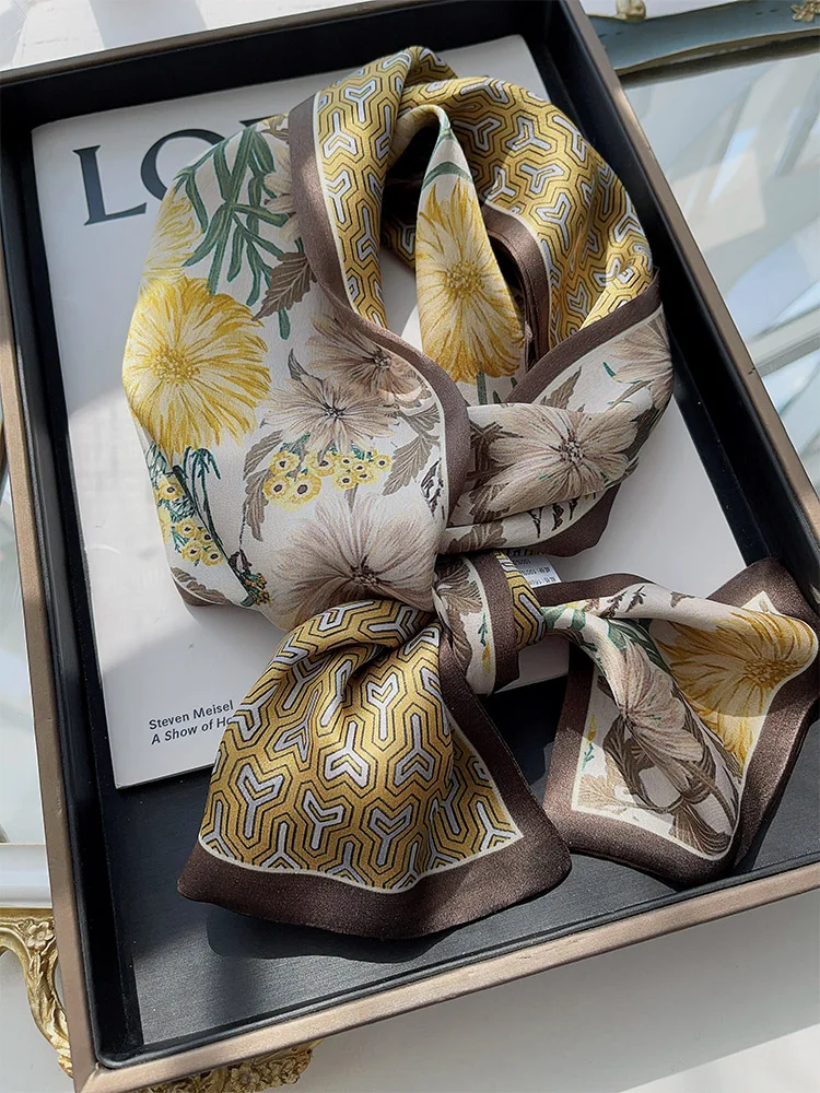 Long 100% Silk Ribbon Scarf Double-sided Floral Neckerchief
